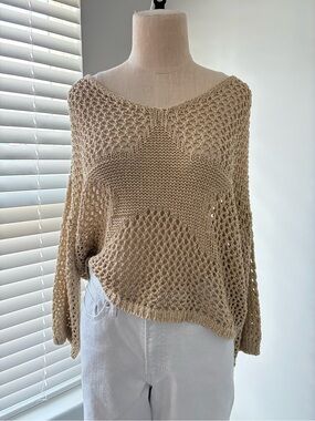 Astrid Women's Gold Open-Knit Drop Shoulder Crochet Shimmery Star Sweater